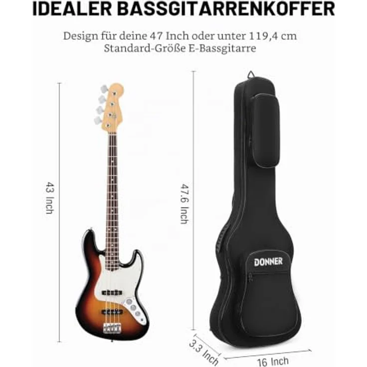 Donner E-Bass Tasche 47 Zoll, gepolstert mit 10mm Schutz, wasserdicht Gigbag für E-Bass, Schwarz – Bild 3