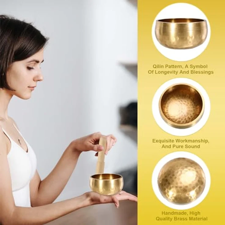 Gowkeey Tibetische Klangschalen Set, 8.5 cm handgefertigt mit Holzklöppel und Kissen, ideal für Meditation und Yoga – Bild 3