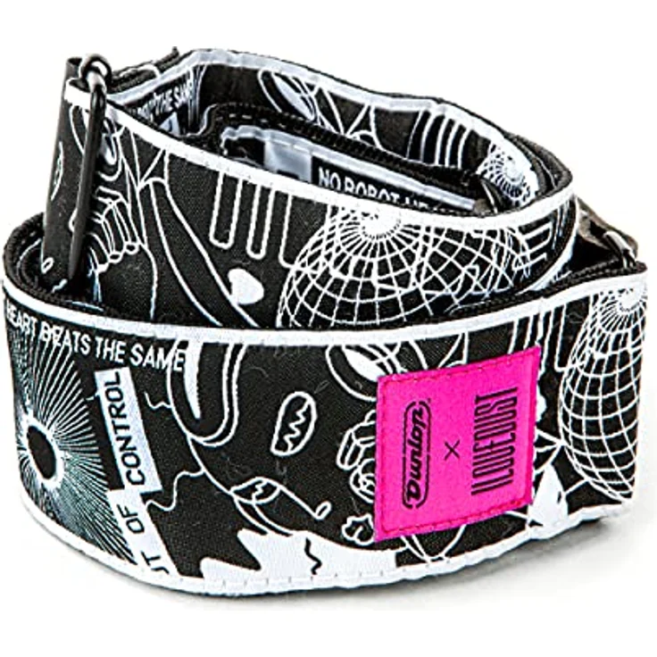 Dunlop I Love Dust/Robot Heart Strap, Nylon Gitarrengurt mit Robot Heart Motiv, schwarz, einstellbare Länge 84 - 152 cm, 5 cm breit, Echtleder Enden – Bild 1
