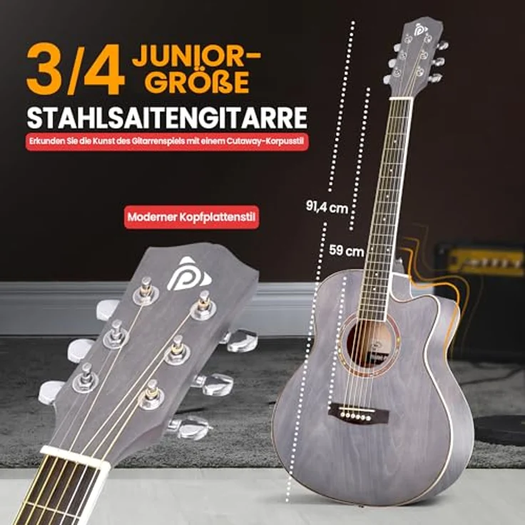 Pyle ¾ Akustikgitarre mit Cutaway, Westerngitarre aus Lindenholz mit Stahlsaiten, inkl. Tasche, Gurt, Plektren & Ersatzsaiten, leicht & handlich, ideal für Jugendliche – Bild 2