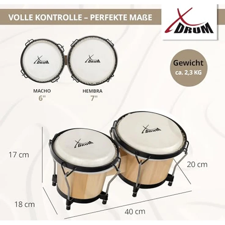 XDrum PERC Bongos Club, 2 Trommeln mit 6" und 7", stimmbaren Naturfellen, Holz in Weinrot – Bild 4