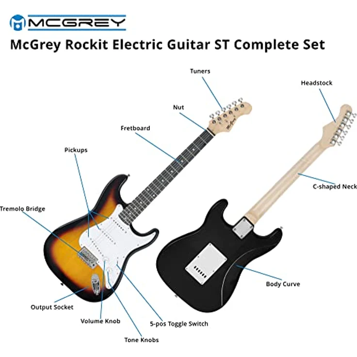 McGrey Rockit ST E-Gitarren Komplettset, 8-teiliges Anfängerset mit Verstärker, Gitarrentasche und Sunburst Finish – Bild 4