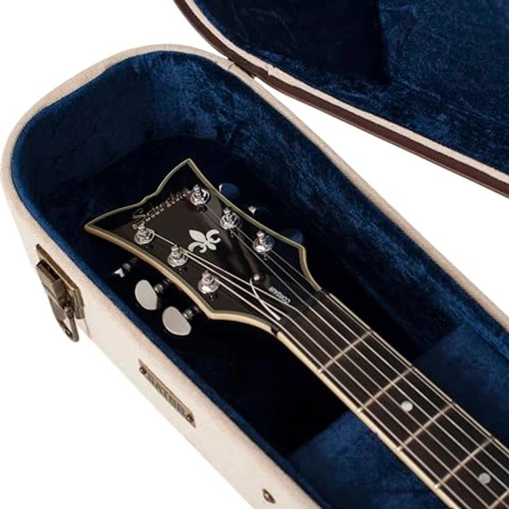 Gator Journeyman Semi-Hollow, Gitarrenkoffer für Semi Hollow E-Gitarre, Beige/Braun mit antiken Messingbeschlägen und blauen Knautschsamt-Innenfutter – Bild 8