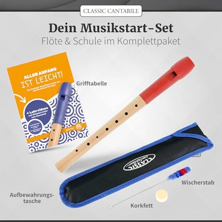 Classic Cantabile Pivella C-Sopran Blockflöte Set, Ahornholz mit Kunststoffkopf, Deutsche Griffweise, inkl. Flötenschule, Etui, Grifftabelle, Wischerstab und Korkfett, Rot – Bild 3