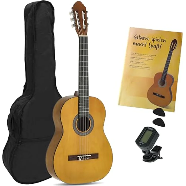 GEWA Juan Miguel Navarrez Konzertgitarre 4/4, klassische Gitarre in Honey - Natur, Starter Set mit Tasche, Plektren, Buch mit CD und Stimmgerät – Bild 1