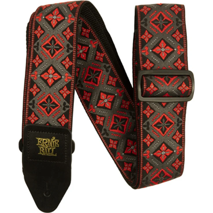 Ernie Ball Red King Jacquard Strap, stabiler Gitarrengurt aus Polypropylen mit Leder-Enden, extra lang von 104-182 cm, rot – Bild 1