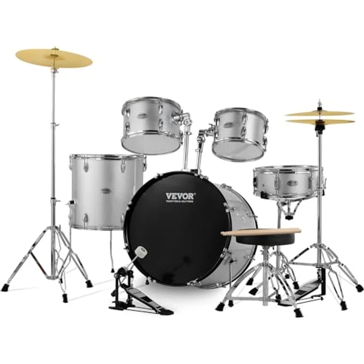 VEVOR 5-teiliges Schlagzeugset in Silber, mit Bass-Toms, Snare, verstellbaren Thronständern, Becken, Hi-Hat-Pedal und Drumsticks für Anfänger – Bild 1