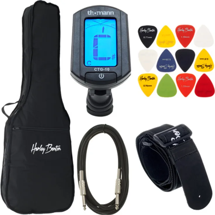 Harley Benton E-Guitar Accessory Pack, Gitarrenzubehör mit Gigbag, chromatischem Clip Tuner, verstellbarem Gitarrengurt und Klinkenkabel, schwarz