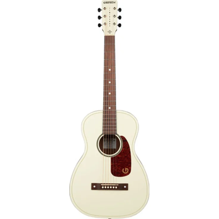 Gretsch Jim Dandy Parlor VWT, Parlor-Westerngitarre aus laminiertem Sapele mit Vintage White Finish, Walnuss-Griffbrett und 18 Vintage-Bünden