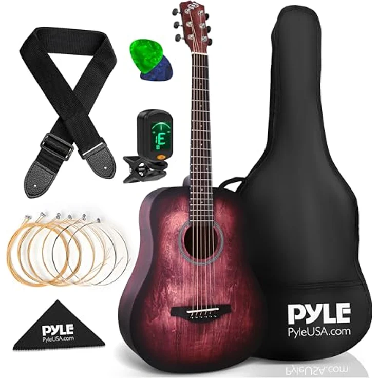 Pyle 1/2 Akustik Gitarre mit Tonabnehmer, robustes Lindenholz, Red-Burst-Finish, komplettes Gitarren-Set mit Tuner und Zubehör für Anfänger und Kinder – Bild 1