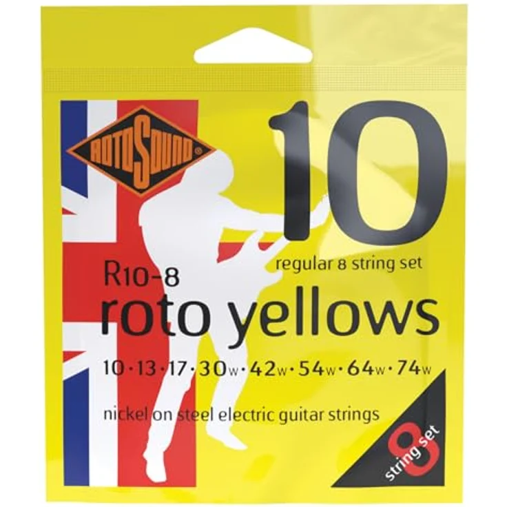 Rotosound Roto Yellows R10-8, Gitarrensaiten für 8-Saiter E-Gitarre, vernickelte Stahlsaite mit hexagonalem Saitenkern, inklusive zusätzlicher E1-Saite, Regular .010" bis .074", Made in UK – Bild 2