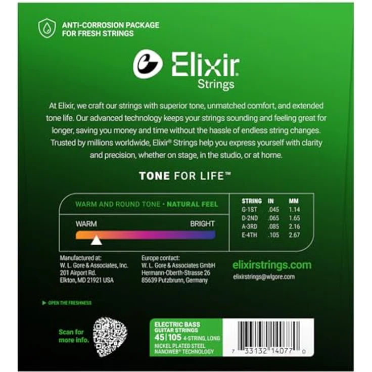 Elixir® Saiten Nickel-Wound 4-str. E-Basssaiten mit NANOWEB® Beschichtung, Long Scale, Light/Medium (.045-.105), runder Ton und verbessertes Spielgefühl – Bild 2