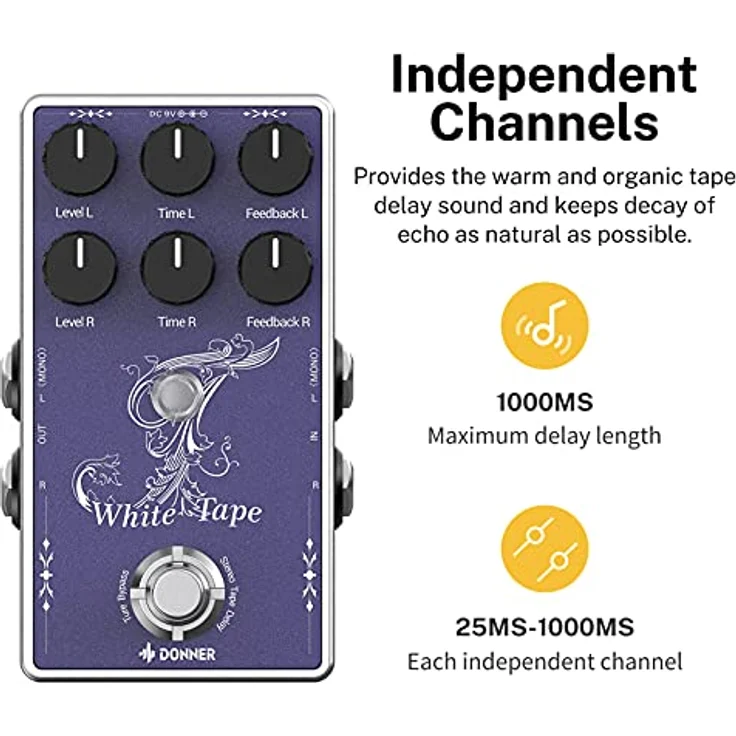 Donner Stereo Delay Pedal, Analoges Delay mit Echo Effekt, True Bypass, 2 unabhängige Kanäle für E-Gitarre, Bass, Synthesizer, Drum Machine – Bild 2