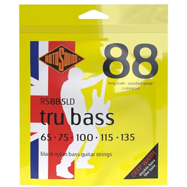 Rotosound Tru Bass RS885LD, 5-String E-Bass Saiten mit schwarzem, flachem Nylonband, warmer Kontrabass-Klang, Made in UK