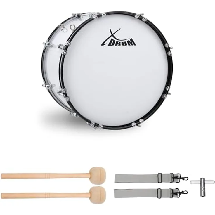 XDrum MBD-218 Marsch Bass Trommel, 18" x 12", weiß, mit verchromter Hardware, 4 Trageösen, inkl. Schlägel und Tragegurte