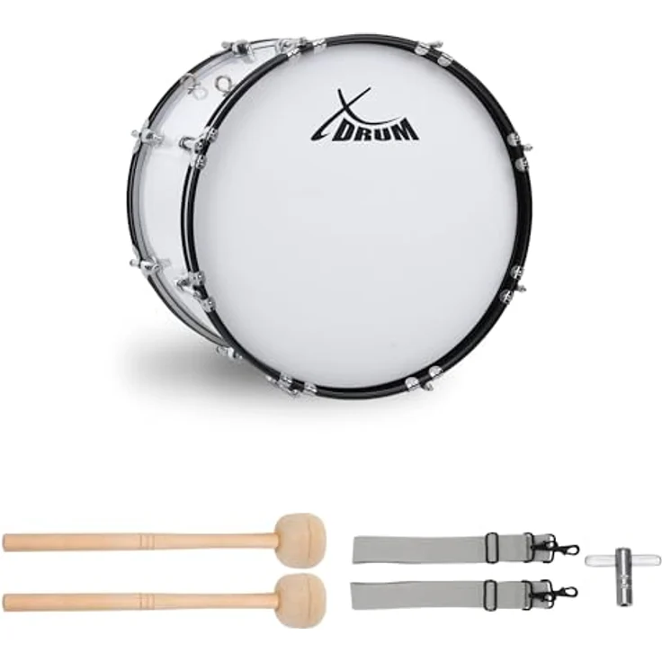 XDrum MBD-218 Marsch Bass Trommel, 18" x 12", weiß, mit verchromter Hardware, 4 Trageösen, inkl. Schlägel und Tragegurte – Bild 1