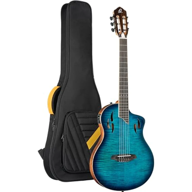 Ortega Tour Player FMA Blue, Konzertgitarre 4/4 mit Elektronik, Massive Okoume, geflammte Ahorn-Decke, blau glänzend, inkl. Gigbag – Bild 1
