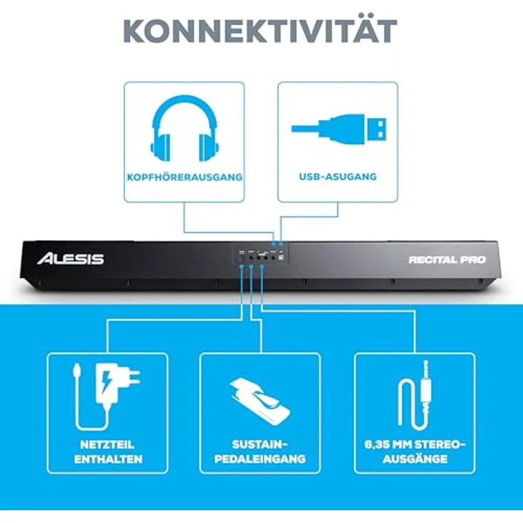 Alesis Recital Pro, E Piano 88 Tasten mit gewichteten Tasten, Lautsprechern, Kopfhörerausgang, 12 Stimmen, Klavier Lektionen Abo – Bild 4