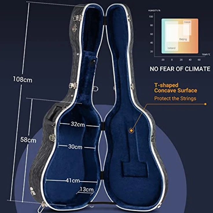 CAHAYA Gitarrenkoffer CY0246, ABS Hartschale mit 1,5 cm Polsterung, wasserdicht, geeignet für 41 Zoll Akustikgitarren, Line Streifenmuster – Bild 4