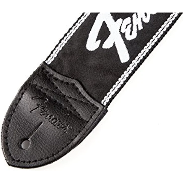 Fender Gitarrengurt, Running Logo Black/White, aus Nylon mit stufenloser Längenverstellung und Lederenden – Bild 4
