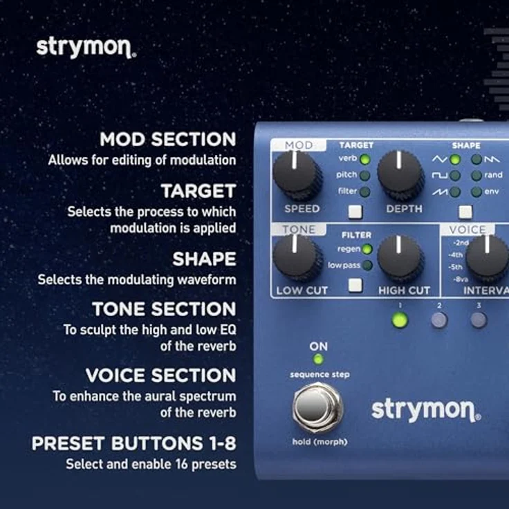Strymon Nightsky Reverb, Gitarren-Effektpedal mit 3 Reverb-Typen, 16 Presets, Mod- und Tone-Sektionen – Bild 5