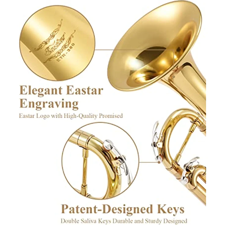 Eastar ETR-380 Bb Standard-Trompeten-Set, Messing mit Hartschalenkoffer, Reinigungsset, 7C-Mundstück und weißen Handschuhen, golden – Bild 2