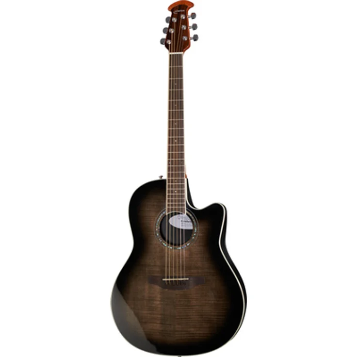 Ovation Celebrity Tradition CS-24P-TBB, Westerngitarre mit geflammter Ahorn Decke, Mid-Depth Cutaway, Trans Black Finish, inkl. Ovation Slimline Pickup und OP-4BT Preamp