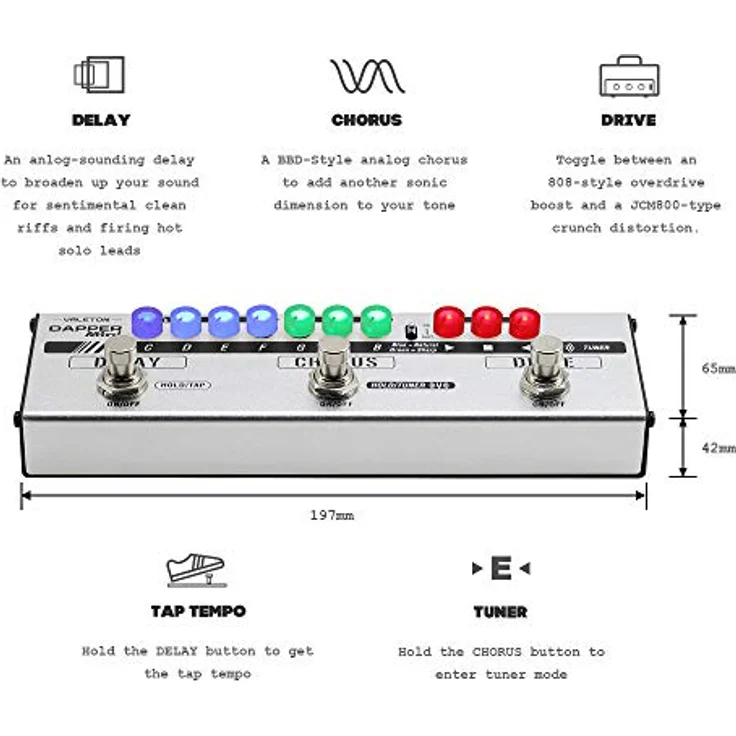 Valeton Dapper Mini 4 Effect Strip, kompaktes 4-in-1 Gitarren-Multieffektgerät mit Stimmgerät, Overdrive, Chorus & Tap-Delay – Bild 2