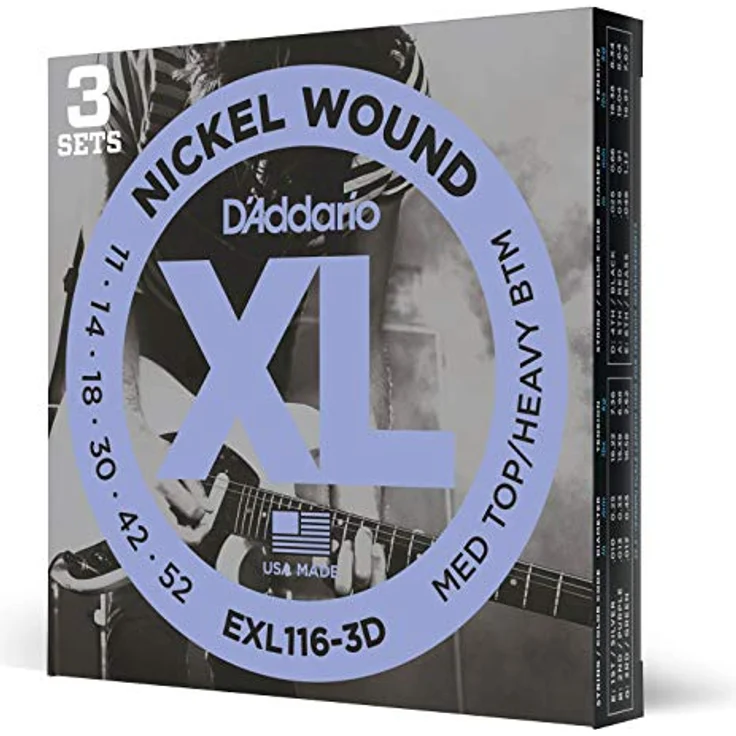 D'Addario EXL116 Nickel Wound E-Gitarrensaiten, Medium Top/Heavy Bottom, 11-52, 3er Set - Vielseitiger, heller Ton mit hervorragender Haltbarkeit, hergestellt in den USA – Bild 1