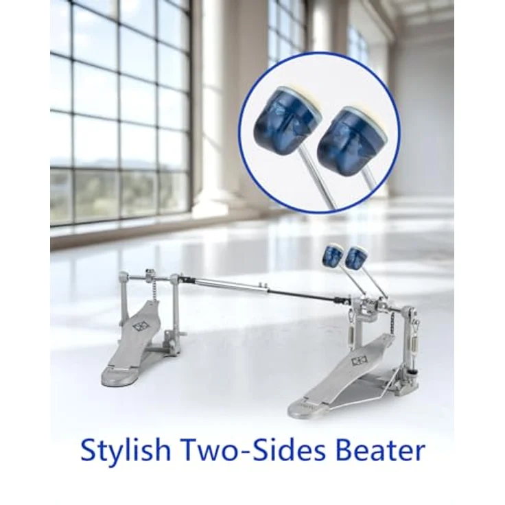 Dixon PP-P1D P1 Double Pedal, Doppelfußmaschine mit Einzelkette, gebürsteter Trittplatte und See-through blue Dual Surface Beater – Bild 4