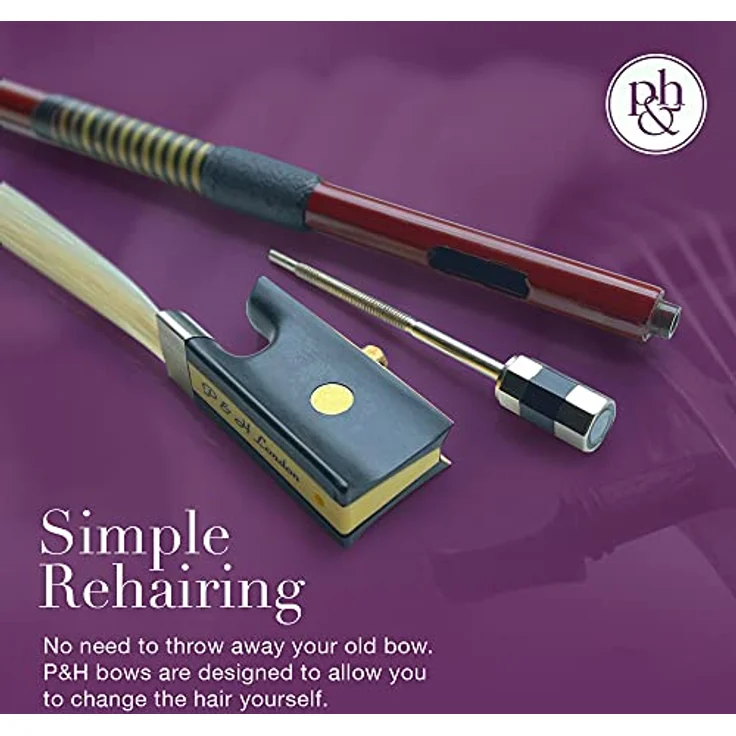 P&H Violin Bow Fiberglass 1/8 BR, Geigenbogen mit echtem Rosshaarbezug und Abalone Inlay, braun – Bild 2