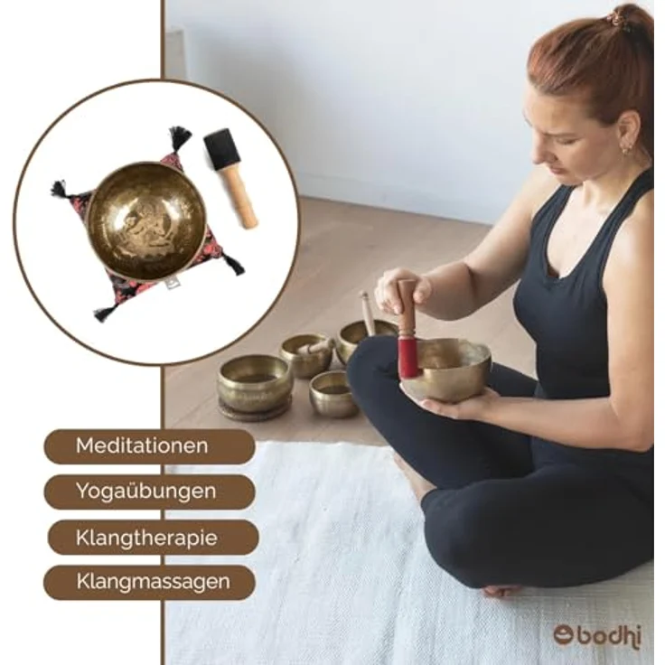 Bodhi Tibetische Klangschale Ø 19 cm, Handgefertigte Singing Bowl mit Tara Gravur, Bronze, Inkl. Klangschalenkissen & Klöppel, Ideales Meditationszubehör – Bild 4