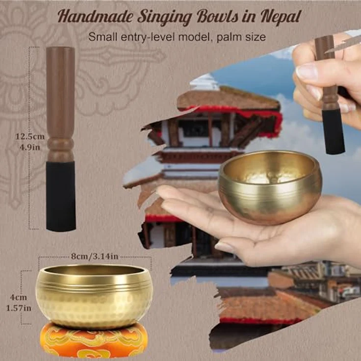 DiDiBirDi Traditionelle Klangschale 8cm mit 7 Chakra Kristallen, handgefertigt in Nepal für Meditation und Yoga - Geschenkidee für Frauen und Männer – Bild 2