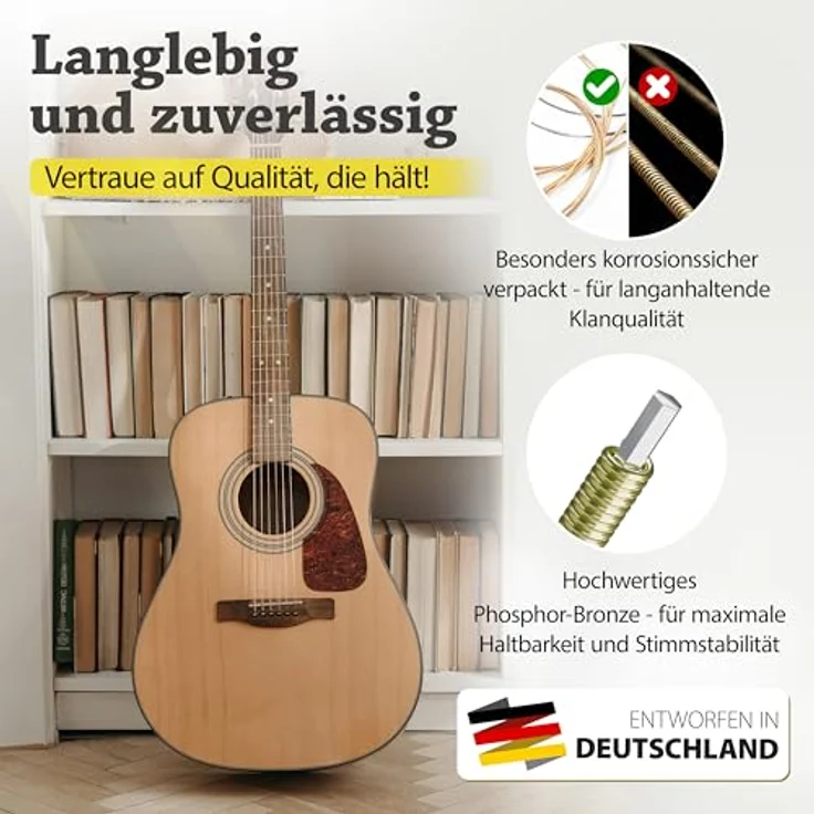 BELFORT® Gitarrensaiten Premium Phosphor-Bronze, 6 Saiten-Set für Westerngitarre & Akustikgitarre mit 4 Plektren und extra hoher E-Saite, schmerzfreies Spielen, optimale Stimmstabilität – Bild 3