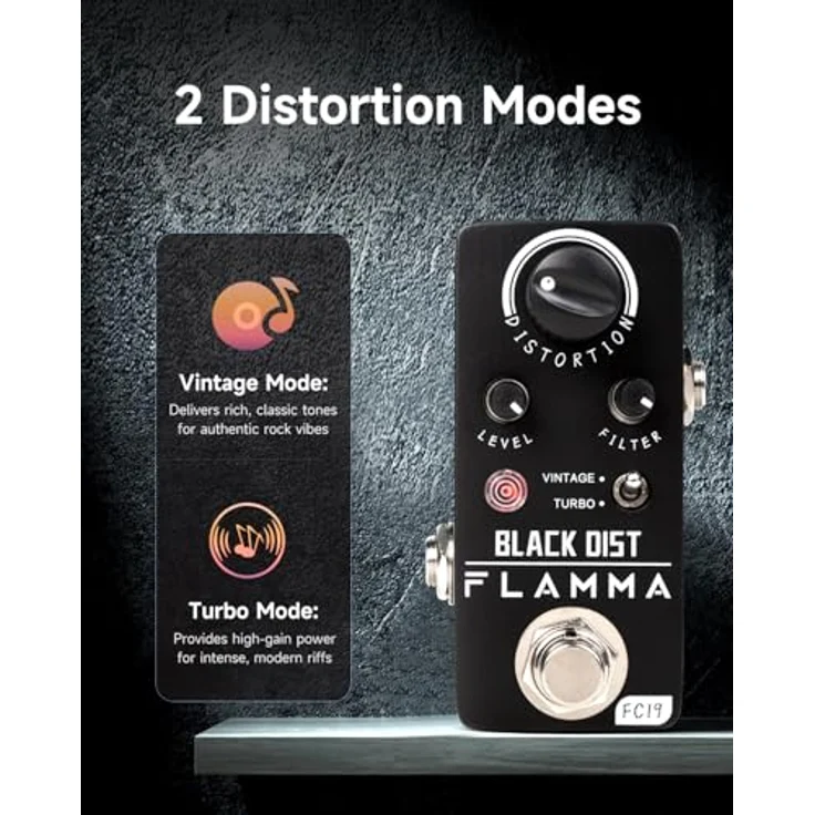 Flamma FC19 Black Distortion, Kompaktes analoges Distortion Pedal für Gitarre und Bass mit Vintage/Turbo Schalter, schwarz – Bild 3