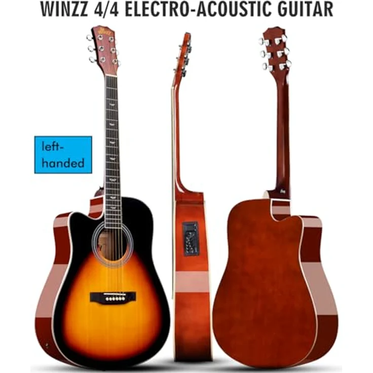 Winzz Elektro Akustik Gitarre 4/4 Linkshänder, Sunburst-Glänzend, inkl. 11 Zubehörteilen für Anfänger – Bild 2