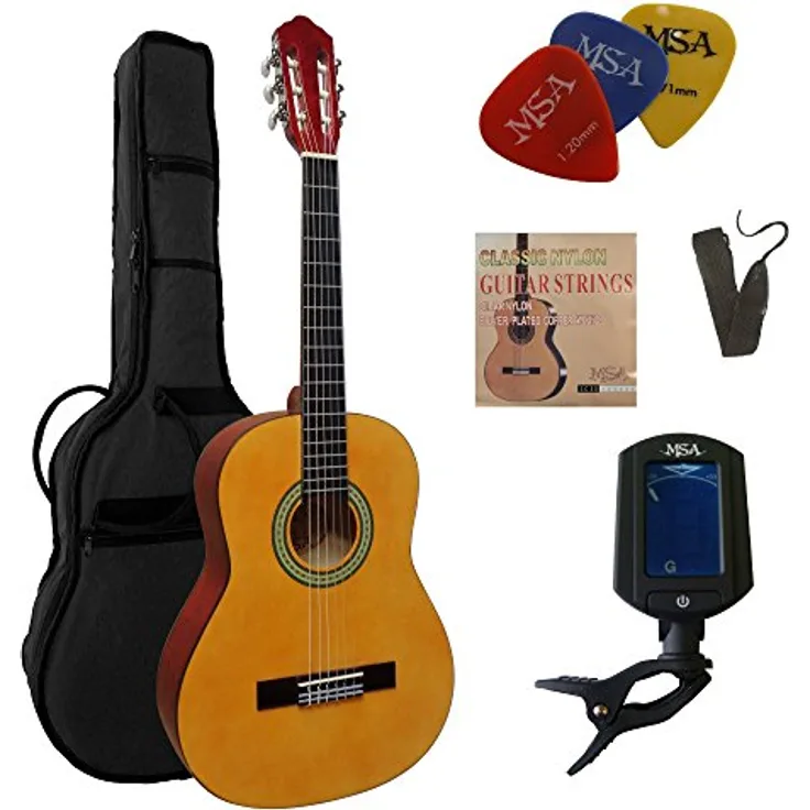 MSA 3/4 Konzertgitarre Classic, natur, Lindenholz-Decke, Set mit Tasche, Band, Saiten, 3x Pik und Stimmgerät ET33B