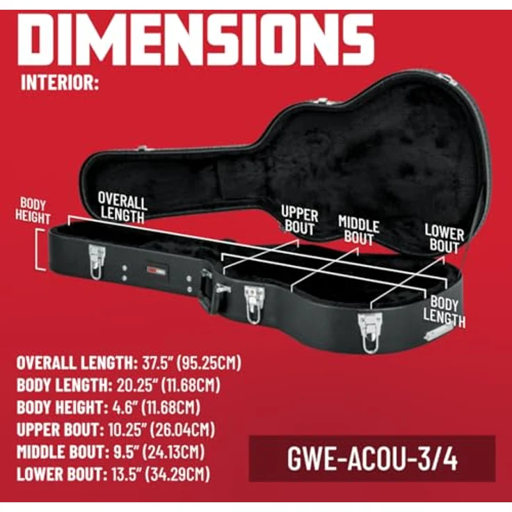 Gator Cases Hartschalen-Holzkoffer für 3/4-Akustikgitarren, ultra-robust mit schwarzem Tolex-PVC, abschließbare Riegel und ergonomischer Griff – Bild 4