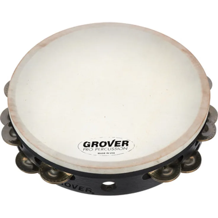 Grover Pro Percussion T2/GS-T, 10" Tambourine mit doppelreihigen German Silver Schellen und weißem Premium Naturfell, stimmbar, Hartholzkorpus