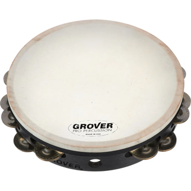 Grover Pro Percussion T2/GS-T, 10" Tambourine mit doppelreihigen German Silver Schellen und weißem Premium Naturfell, stimmbar, Hartholzkorpus