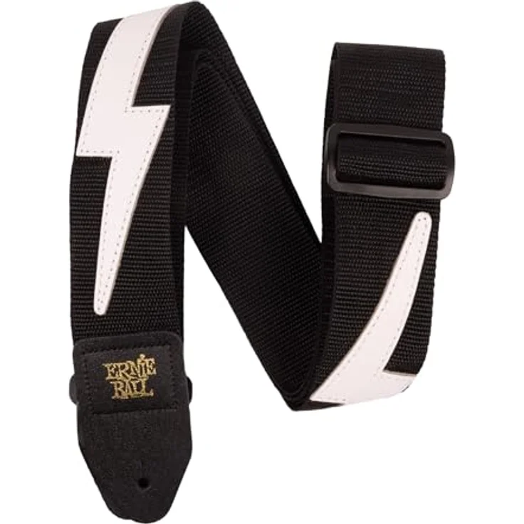Ernie Ball White Lightning E-Guitar Strap, Gitarrengurt aus Polypropylen, schwarz/weiß, verstellbar von 104 bis 182 cm, 5 cm Breite mit Lederenden und goldfarbenem Logo – Bild 2