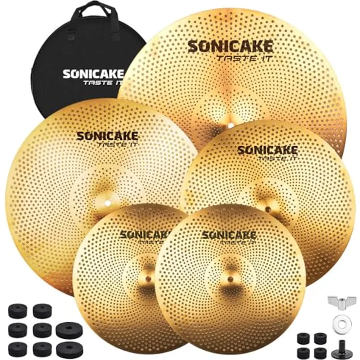 SONICAKE Cymbal Set, 14" HiHat + 16" Crash + 18" Crash + 20" Ride, leise, goldene Oberfläche, inkl. Beckentasche und Zubehör, 5 Teile
