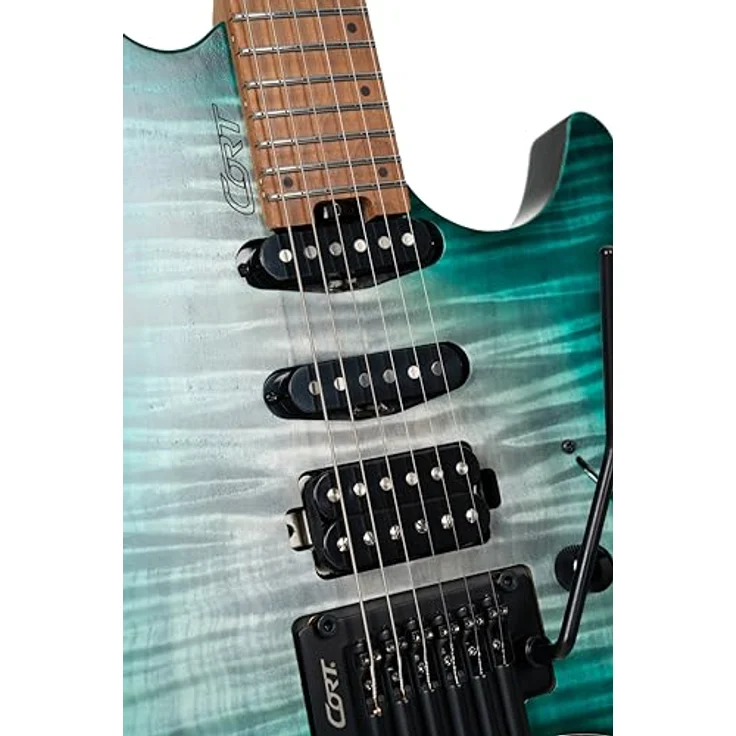Cort Space G6TR, 6-saitige Headless E-Gitarre mit Okoume Korpus, geflammter Ahorndecke, Lagoon Semi Gloss, HSS-Pickup-Konfiguration – Bild 7