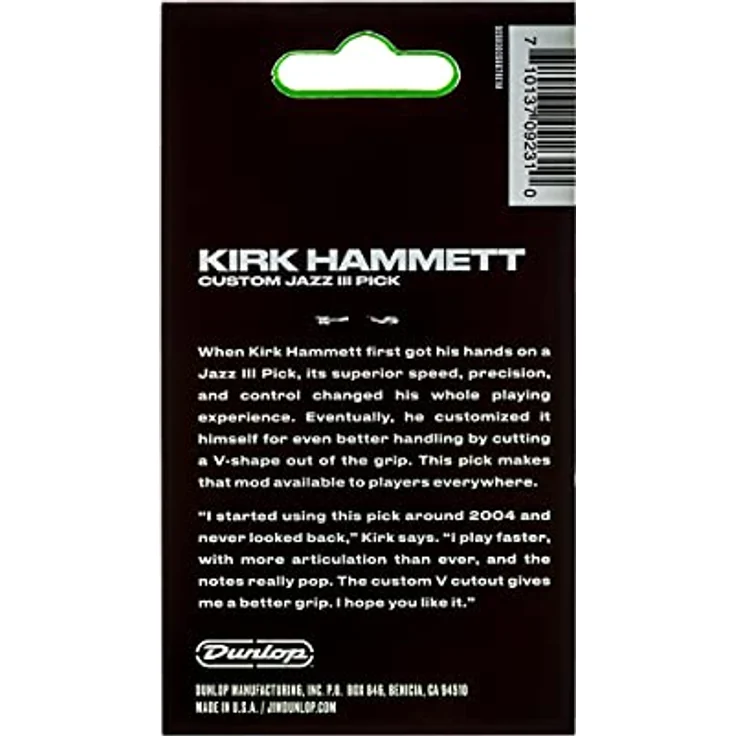 Dunlop Kirk Hammett Jazz Picks, 6er Pack Nylon Plektren, 1,38 mm Stärke, grün, V-förmige Ausnehmung für besseren Grip – Bild 2