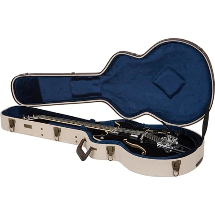 Gator Journeyman Semi-Hollow, Gitarrenkoffer für Semi Hollow E-Gitarre, Beige/Braun mit antiken Messingbeschlägen und blauen Knautschsamt-Innenfutter – Bild 7