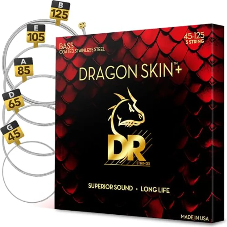DR Strings Dragon Skin+ DBS5-45 Coated, 5-saitiger E-Bass-Saitensatz mit Edelstahl für maximale Leistung und lange Lebensdauer
