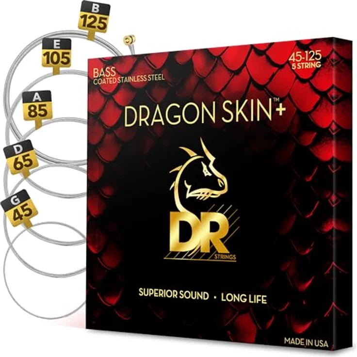 DR Strings Dragon Skin+ DBS5-45 Coated, 5-saitiger E-Bass-Saitensatz mit Edelstahl für maximale Leistung und lange Lebensdauer – Bild 1
