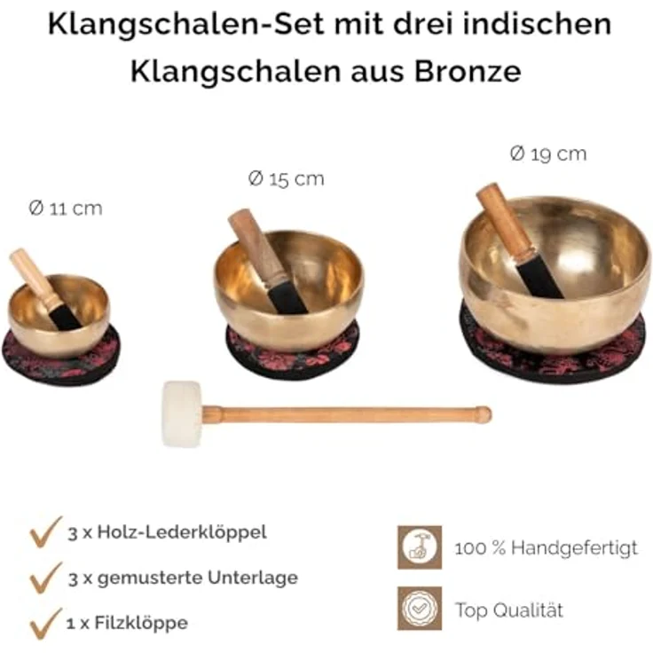 Bodhi Tibetische Klangschalen Set, handgefertigt aus Bronze, Ø 11 + 15 + 19 cm, inkl. Kissen & Klöppel, goldfarben, ideal für Meditation und als spirituelles Geschenk – Bild 3