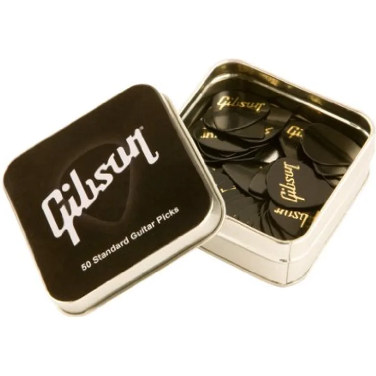 Gibson Standard Pick Set Thin, 50 Stück Plektren in klassischer 351 Form, Stärke 0,46 mm, inkl. Metallbox