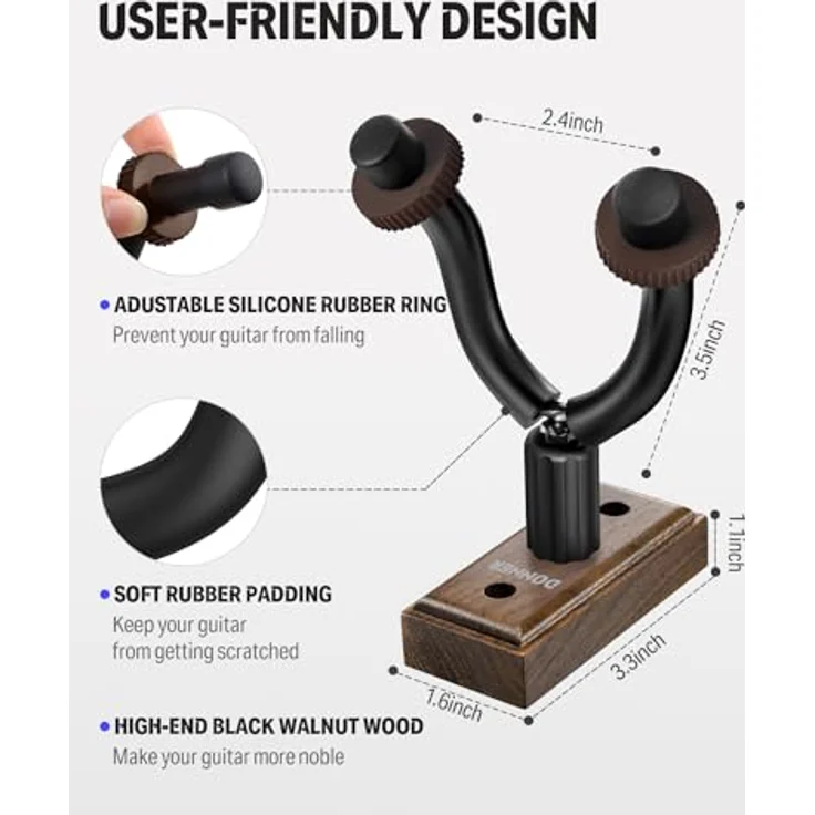 Donner Gitarren Wandhalterung, 3er Set Gitarrenhaken aus schwarzem Walnussholz mit drehbarem Design für Akustikgitarre, E-Gitarre, Bass und Ukulele – Bild 2